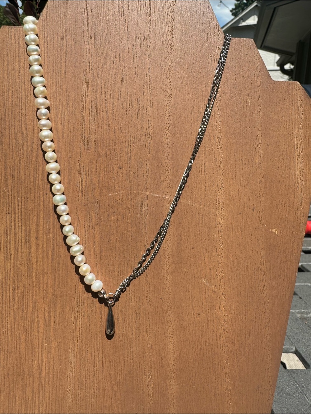 Freshwater Pearl and Silver Chain Necklace with Teardrop Pendant